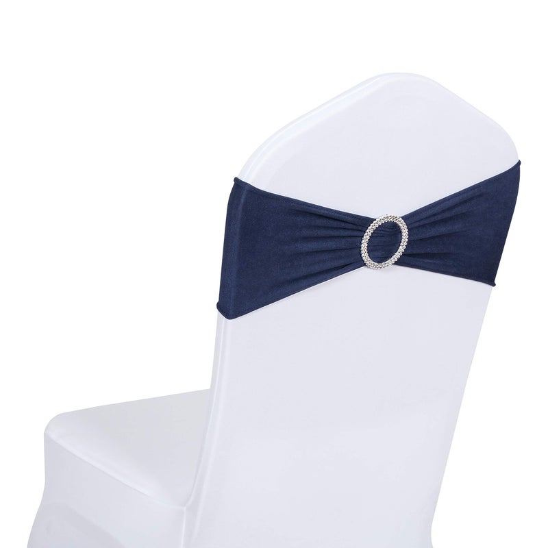 Obstal 50 PCS Spandex Stretch Chair Sashes Bows for Wedding Reception- Universal Elastic Chair Cover Bands with Buckle Slider for Banquet, Party, Hotel Event Decorations Navy Blue Sashes - Image 1